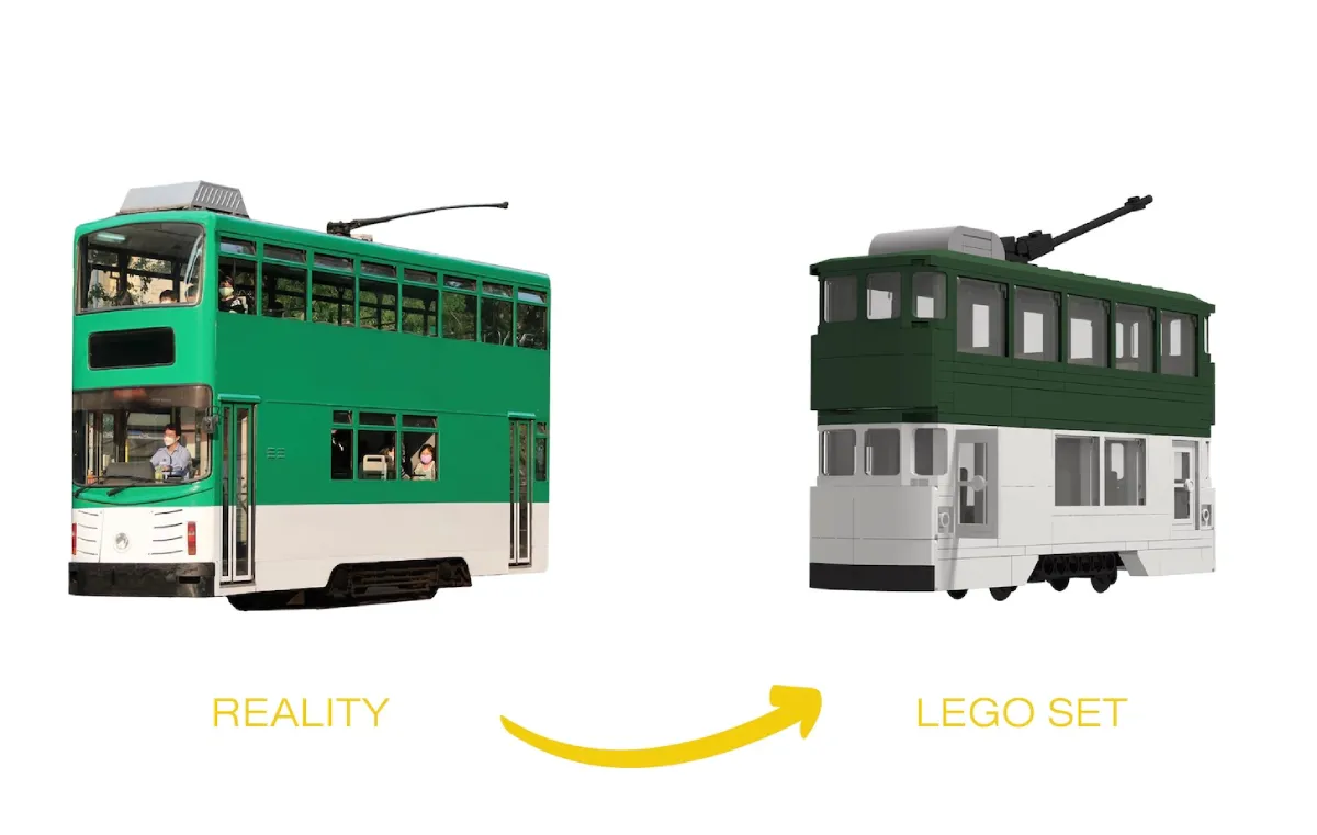 Tram Reality vs Lego set | Custom LEGO® Brick Corporate Gifts - DD Bricks Tram reality vs lego set
