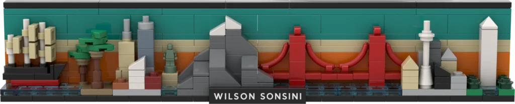 Colorful LEGO city skyline diorama with a black plaque reading WILSON SONSINI in the center, set against a teal backdrop.