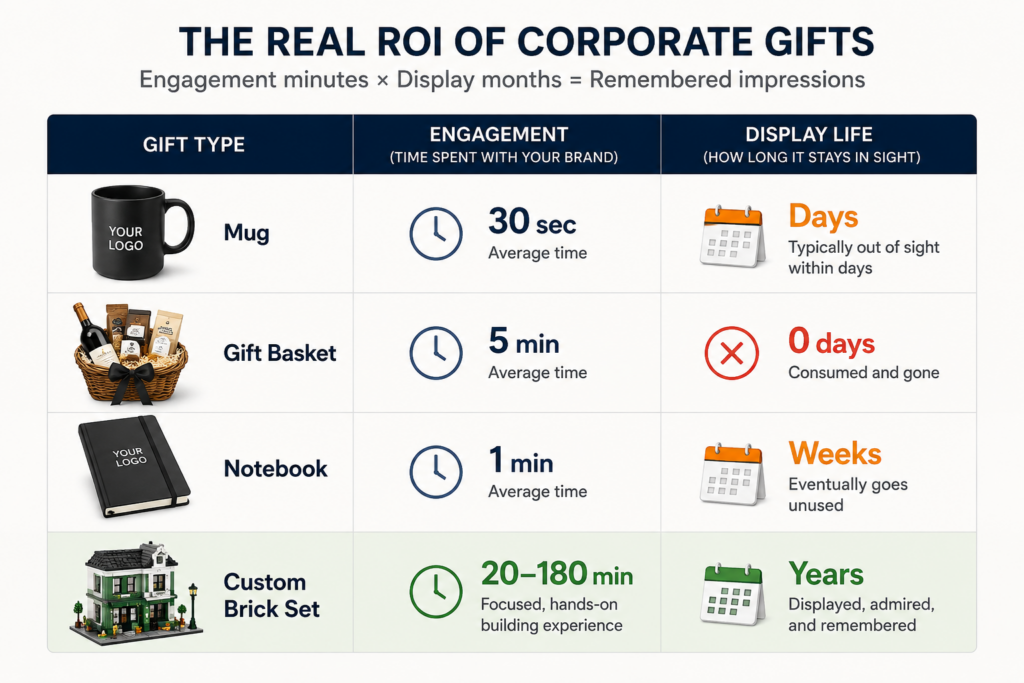 Comparison table showing the real ROI of corporate gifts: a mug gets 30 seconds of engagement and days of display, a gift basket 5 minutes and zero display days, a notebook 1 minute and weeks of display, while a custom brick set delivers 20 to 180 minutes of hands-on engagement and years of displayEngagement minutes × display months: how the most common corporate gifts compare.