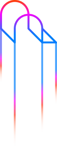 Abstract colorful geometric lines forming tall arches on a black background.