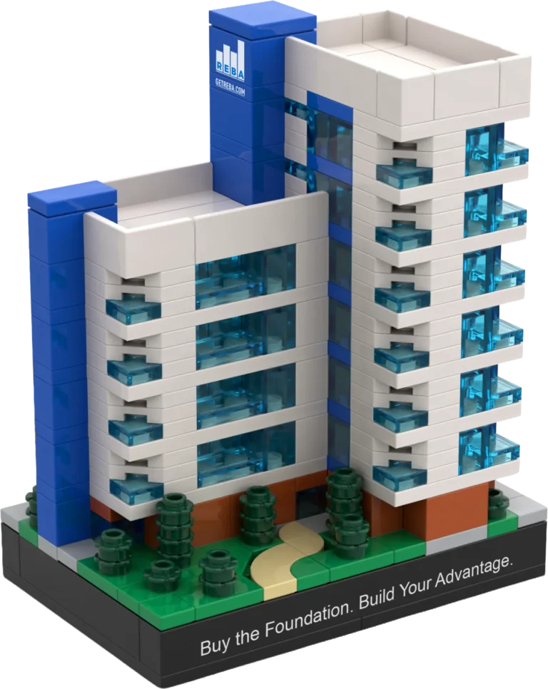 LEGO-style modern office building with blue accents and glass windows, mounted on a base displaying a promo slogan: 'Buy the Foundation. Build Your Advantage.'