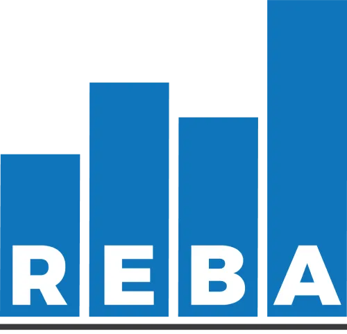 Four blue bars of varying height on a black background, spelling REBA from left to right.