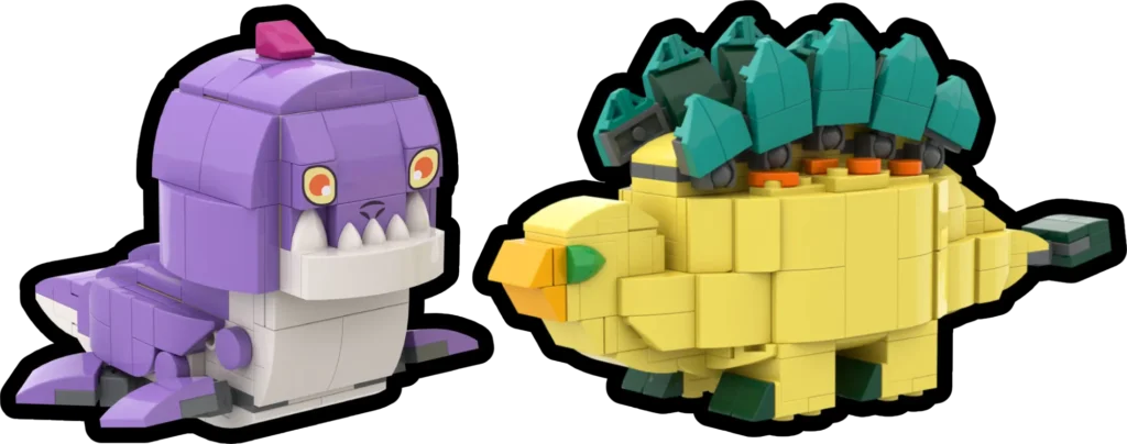 Two LEGO dinosaur figures stand side by side on a black background: a purple brick-built dino with a pink top on the left and a yellow spiked dino on the right, facing forward.