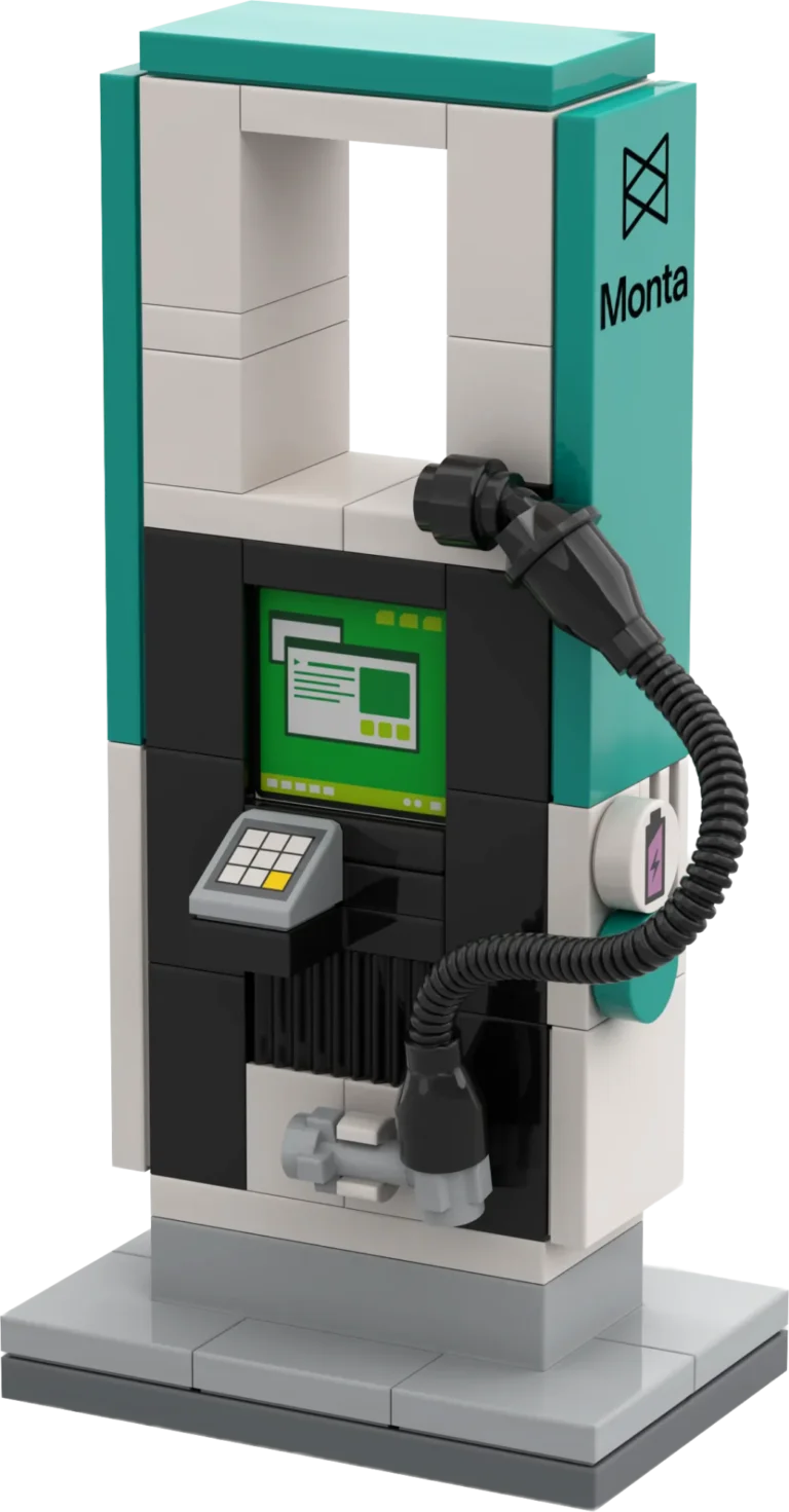 Turquoise LEGO gas pump with hose and digital green display, labeled Monta on the side.